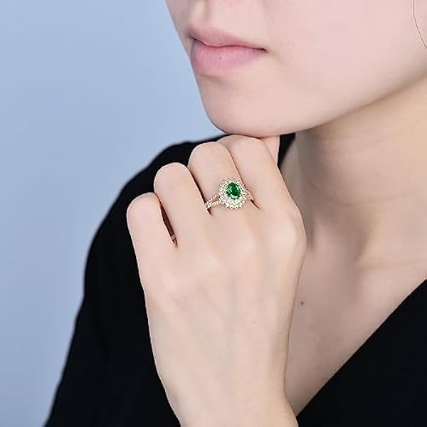Dsnyu Bloem Ring Sieraden, Vrouwen Eternity Band Ring Wit Goud Ovale Vorm met 0.65ct Emerald Accessoires